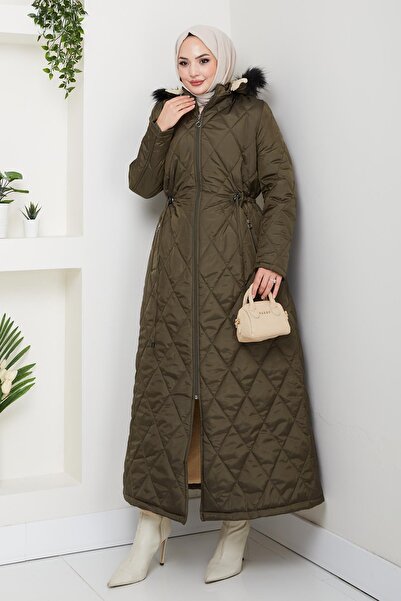 Hb Harma Time Butik Women's Long Fur Lined Hooded Khaki Quilted Coat