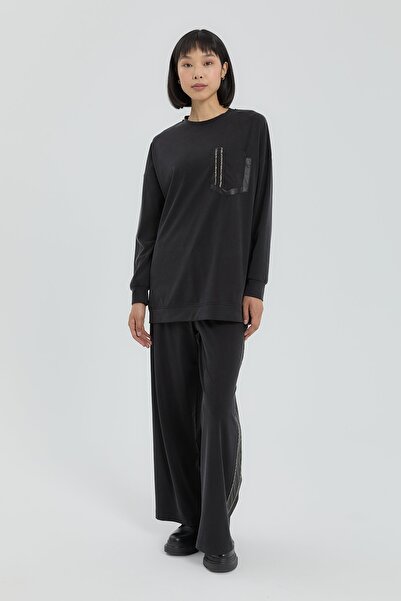 Nihan Şerit Detaylı Pantolon Tunik Takım Siyah