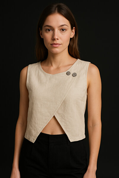 Çeşme Home Women's Linen Double Breasted Buttoned Short Blouse Vest