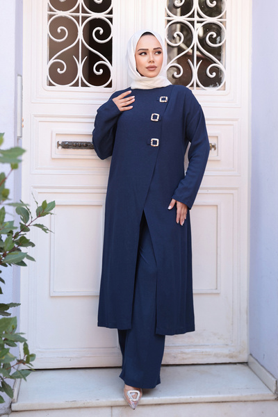 N.S NEVA STYLE Buckle Detailed Navy Blue Hijab Double Set 7675L