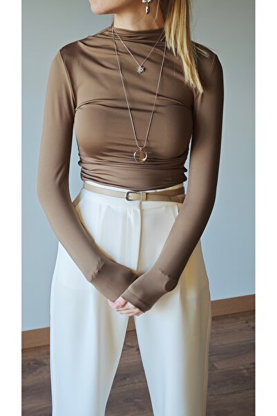 Aten Drapeli yüksek yaka uzun kollu basic bluz