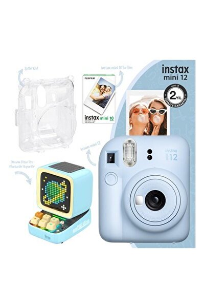 Instax Mini 12 Mavi Fotoğraf Makinesi-10'lu Film-Şeffaf Kılıf ve Divoom Ditoo...