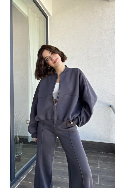 My Blog Women's Dark Gray Front Zipper Premium Tracksuit Set - 98606