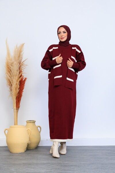 Eliva Women's Burgundy and White Striped Scarf Detailed Winter Knitwear Hijab Dress