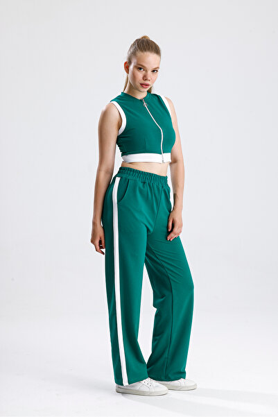 Green Hill Two-Piece Fabric Stripe Detailed Zippered Sleeveless Bottom Top Set