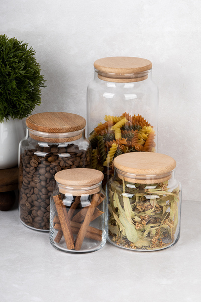 DNS HOME 4 Boy Cam Kavanoz Seti Ahşap Vakum Kapaklı Saklama Kabı Kavanoz 1300-800-500-300 ml