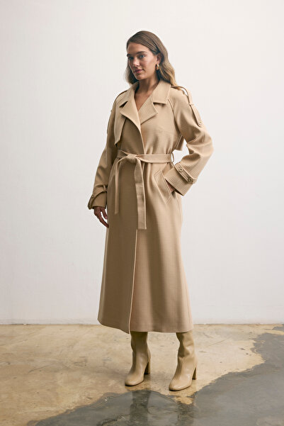 KENT Long Open Camel Coat with Belt