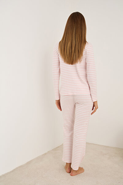 Siyah İnci Pink White Brushed Soft Ribbed Camisole Cardigan Pajama Set