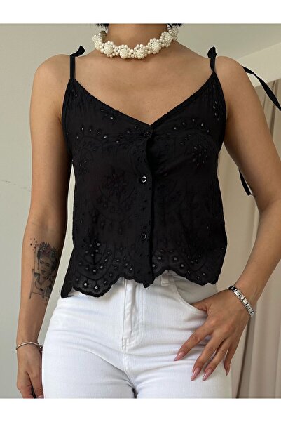 Vaveyy Lace up Brode Blouse