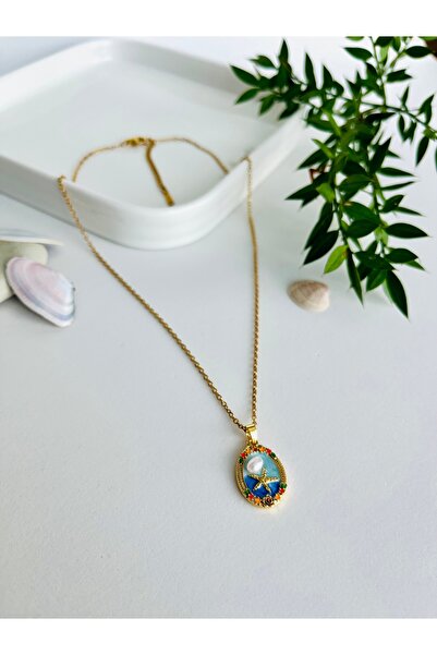 Fynbos Paslanmaz Kararmaz 316L Çelik İncili Vintage Tablo Altın Zincir Kolye