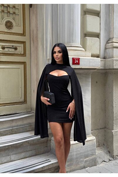 limited black İthal Simli Kumaş Astarlı Omuz Vatka Kol Detay Elbise