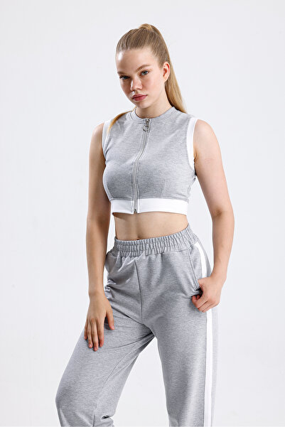 Green Hill Two-Piece Fabric Stripe Detailed Zippered Sleeveless Bottom Top Set
