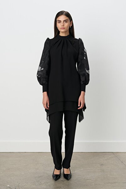 Nihan Kolları Organze Pantolon Tunik Takım Siyah