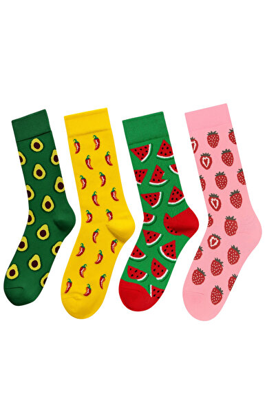 Goma Goma Socks 4-Piece Patterned Socks Set Avocado Pepper Watermelon Strawberry Patterned Colorful Socks