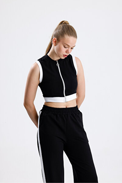 Green Hill Two-Piece Fabric Stripe Detailed Zippered Sleeveless Bottom Top Set