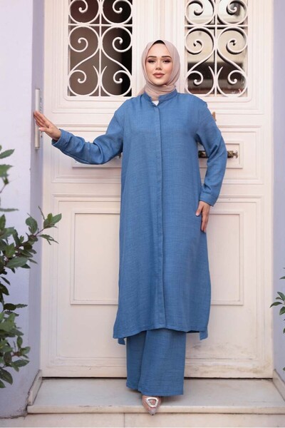 N.S NEVA STYLE Μπλε Ινδικό Μπλε Τριπλό Σετ Χιτζάμπες με Κουμπιά 76591IM