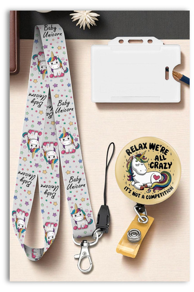 Mia Aurora Beyaz Unicorn Huzurlu Lanyard Seti Yoyo Yatay Kartlık Boyun Askı İ...
