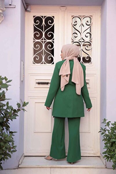 N.S NEVA STYLE Πράσινο Μαντίλι με Μπουφάν Διπλό Σετ 76731Y