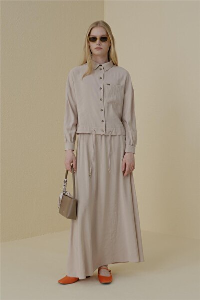 Nihan Crop Etek Bluz Modal Takım Bej