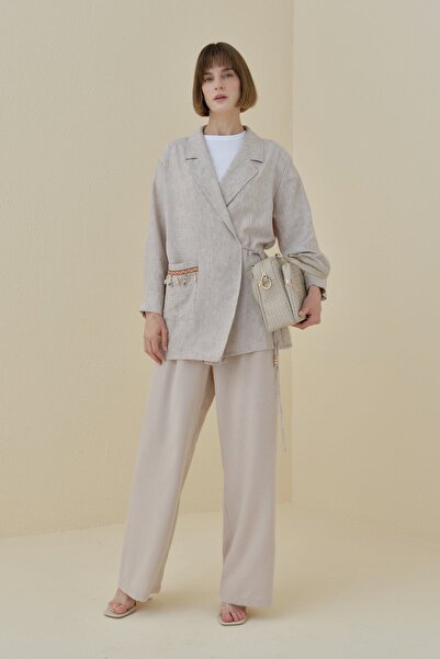 Nihan Yandan Bağlamalı Anvelop Keten Görünümlü Ceket Açık Kahve