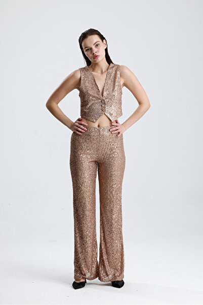 Sense Women's Sequined Vest Evening Dress Set - Stylish Blazer Jacket, Vest and Pants Milk Coffee