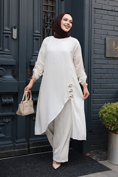 N.S NEVA STYLE Asymmetrical Detailed Ecru Hijab Double Set 7656E