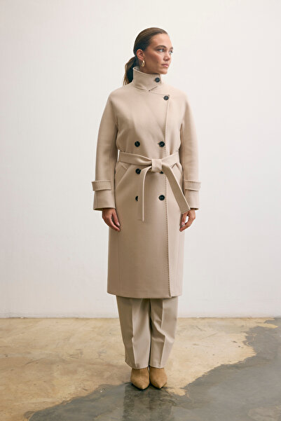 KENT Belted Long Cashmere Trench Cream Color Coat