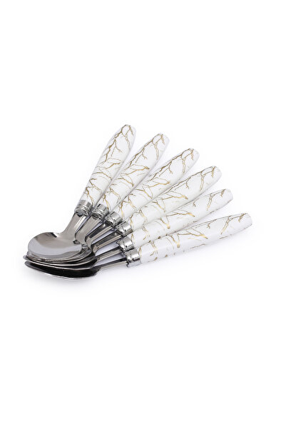 Bisbell Stainless Steel Table Spoon 6PCS – Marble Style White PP Handle, Durable Kitchen Cutlery,BB3227