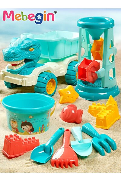 MEBEGIN مجموعة ألعاب رمل الشاطئ المكونة من 11 قطعة مع سيارة ديناصور، ألعاب حف...