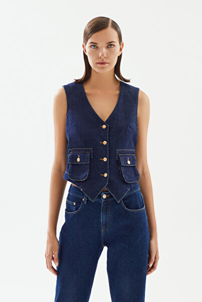 2be4a Kadın Cep Detaylı Denim Yelek