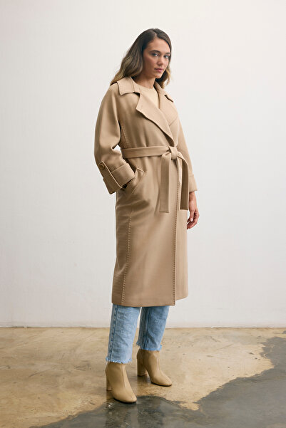 KENT Wide Collar Belted Long Light Beige Coat