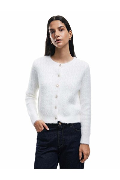 Koton Buttoned Knitted Textured Ecru Women's Cardigan 6Wal90026Ht