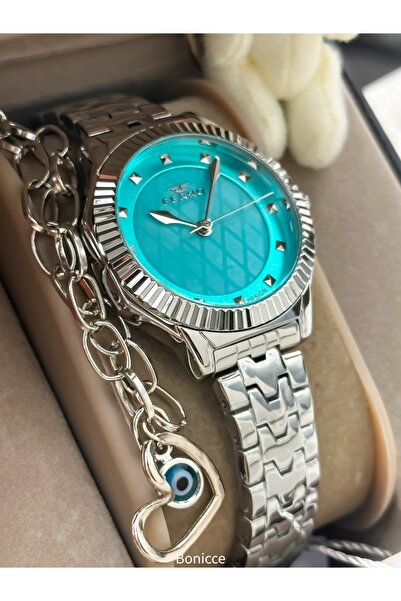 FERRO Women's Wristwatch, Silver Turquoise Color Steel Band Vip Model, with Bracelet Gift