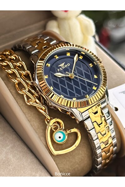 FERRO Women's Wristwatch, Yellow Navy Blue Rek Steel Band Vip Model, with Bracelet Gift