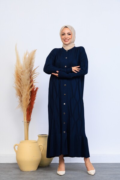 Eliva Women's Navy Blue Long Patterned Front Button Closure Winter Knitwear Knitted Hijab Dress