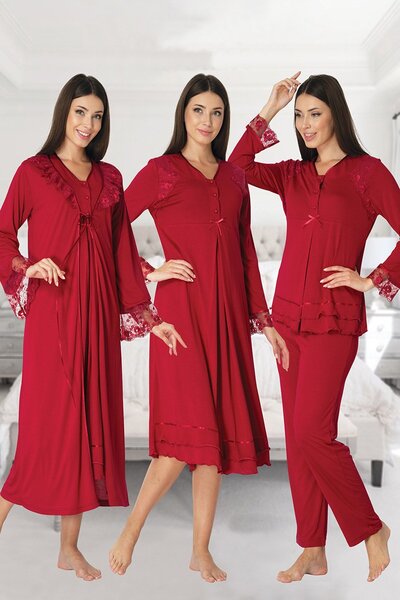 Lohusa Homewear Women's Cherry Lace Detailed Long Sleeve Maternity Set of 4