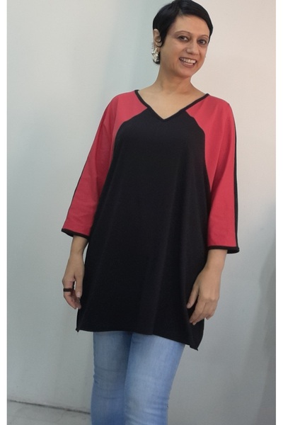 Mertcan Butik Black V-Neck Red Color-Blocked Bat Three-Quarter Sleeve Combed Viscose T-Shirt