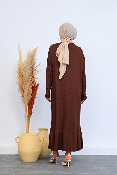 Eliva Women's Brown Long Patterned Front Button Closure Winter Knitwear Knitted Hijab Dress
