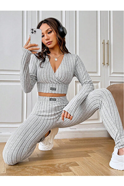 SWEETKORSE Lena Women's V-Neck Ribbed Cropped Camisole Blouse Lycra Long Sleeve Top High Waist Leggings Set