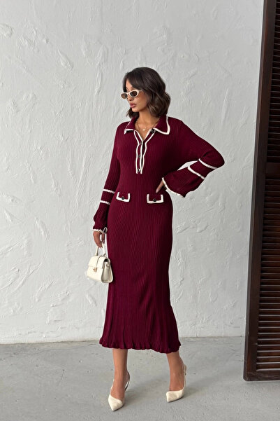 Lusin Kadın Bordo Polo Yaka Şık Düğme Detaylı Uzun Kol Triko Elbise (Yeni Renk)