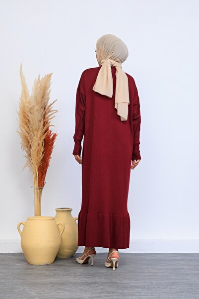 Eliva Women's Burgundy Long Patterned Front Button Closure Winter Knitwear Knitted Hijab Dress
