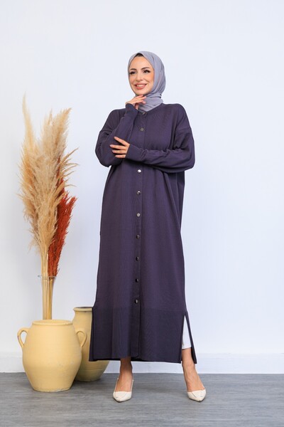 Eliva Women's Anthracite Gray Plain Button Closure Winter Dress Hijab Cardigan