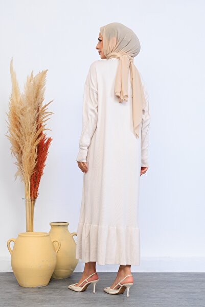 Eliva Women's Cream Ecru Long Patterned Front Button Closure Winter Knitwear Knitted Hijab Dress