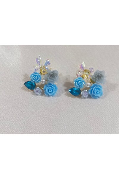 SATIYU BUTİK أقراط مرصعة بالأحجار مع تفاصيل الزهور الزرقاء والفراشات - تصميم ...