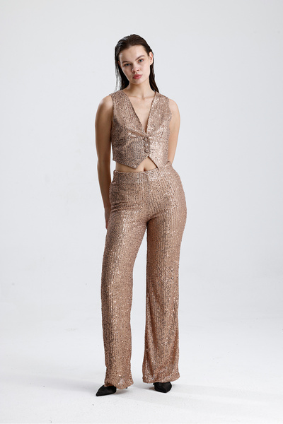 Sense Elastic Waist Sequin Evening Pants |   Pnt35233 Milk Coffee