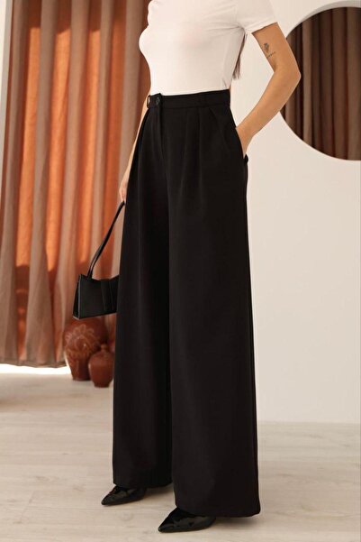 polle Kadın Siyah Pileli Yüksek Bel Palazzo Pantolon