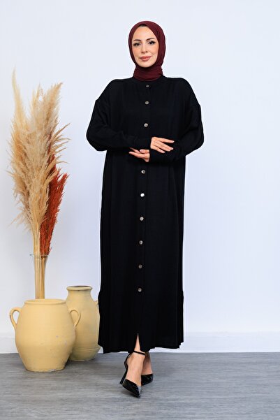 Eliva Women's Black Plain Button Closure Winter Dress Hijab Cardigan