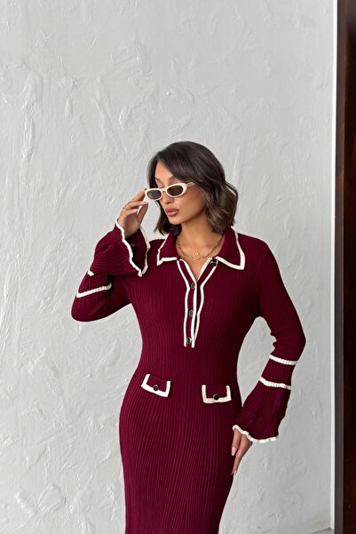 Lusin Kadın Bordo Polo Yaka Şık Düğme Detaylı Uzun Kol Triko Elbise (Yeni Renk)
