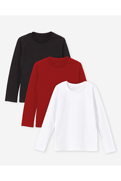 DFN Kids Uzun Kollu 3,4,5,6,7,8,9,10 Yaş 3 Adet Okul Baskısız Tshirt