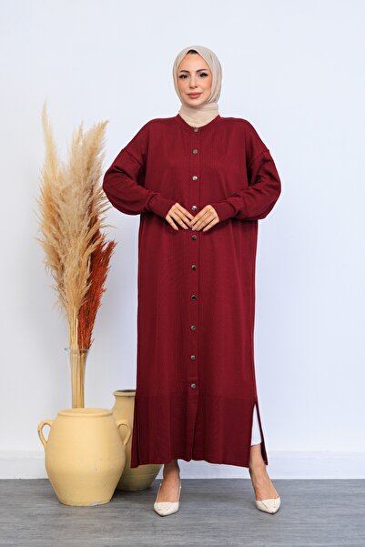 Eliva Women's Burgundy Plain Button Closure Winter Dress Hijab Cardigan